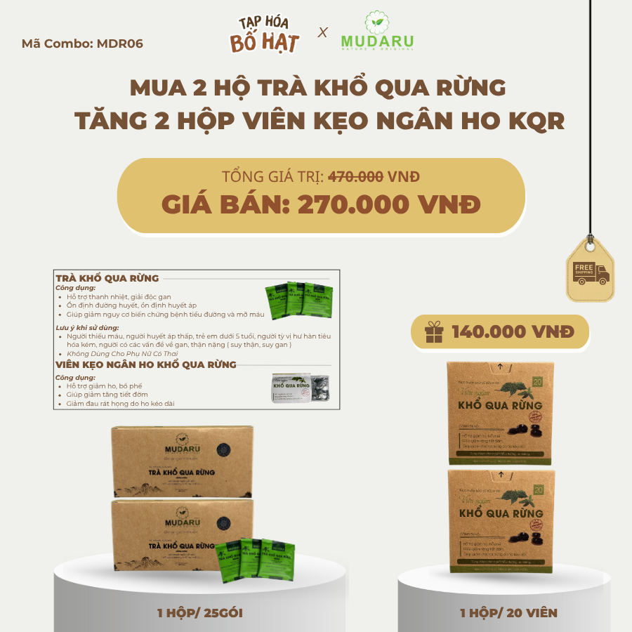 Combo mua 2 hộp trà khổ qua rừng tặng 2 hộp viên ngậm ho
