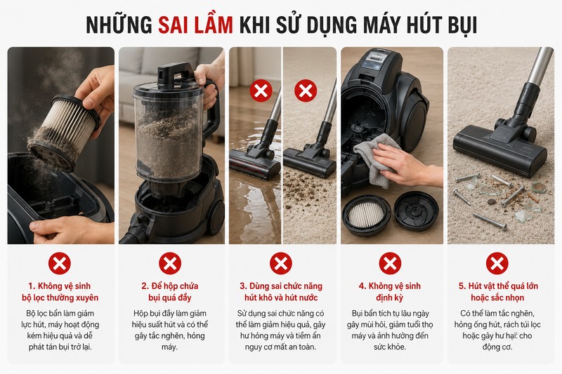 Những sai lầm phổ biến khi sử dụng máy hút bụi