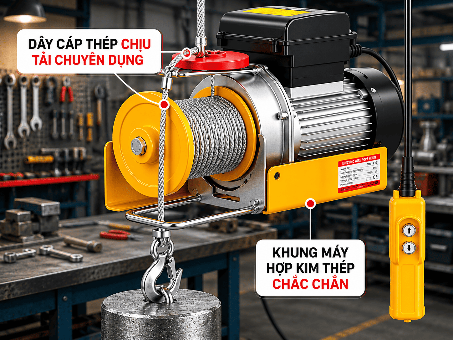 Khung máy chắc chắn, dây cáp chịu tải tốt