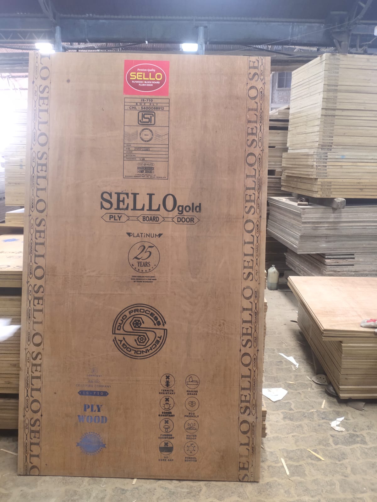 Finished SelloGold plywood board standing in warehouse