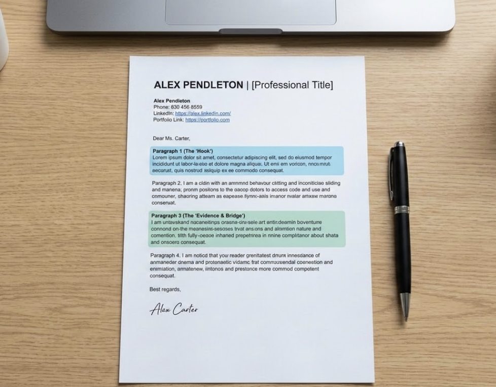 A clean, well-structured cover letter on a white background with highlighted sections — opening hook, achievement paragraph, company fit — with a subtle AI interface overlay on a professional blue-white background.