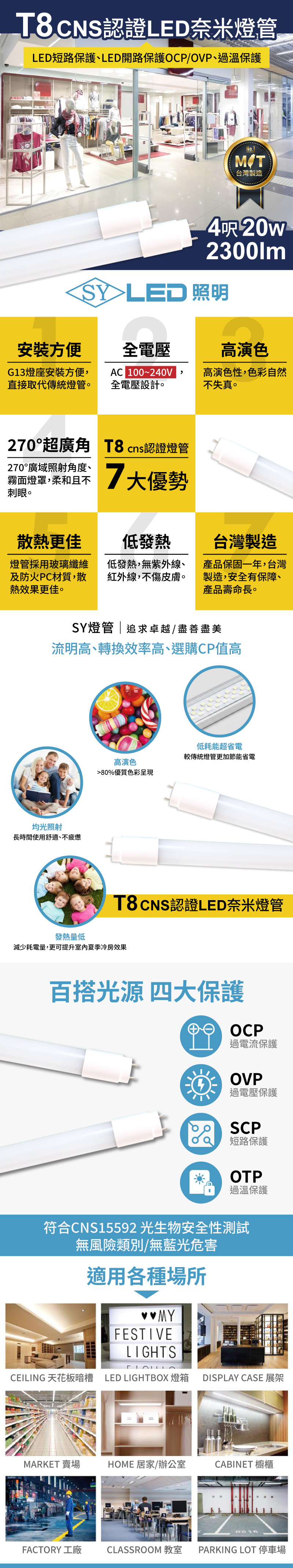 T8 CNS認證LED奈米燈管LED短路保護、LED開路保護OCPOVP、過溫保護No.1台灣製造安裝方便4呎20w2300lm LED 照明全電壓高演色G13燈座安裝方便,直接取代傳統燈管。AC 100~240V 全電壓設計。高演色性,色彩自然不失真。270°超廣角 T8 認證燈管270°廣域照射角度、霧面燈罩,柔和且不刺眼。散熱更佳7大優勢低發熱燈管採用玻璃纖維及防火PC材質,散熱效果更佳。低發熱,無紫外線、紅外線,不傷皮膚。台灣製造產品保固一年,台灣製造,安全有保障、產品壽命長。SY燈管追求卓越 / 盡善盡美流明高、轉換效率高、選購CP值高均光照射長時間使用舒適、不疲憊低耗能超省電較傳統燈管更加節能省電高演色%優質色彩呈現T8CNS認證LED奈米燈管發熱量低減少耗電量,更可提升夏季冷房效果百搭光源 四大保護④ OCP過電流保護OVP過電壓保護80 SCP短路保護OTP過溫保護符合CNS15592光生物安全性測試無風險類別/無藍光危害適用各種場所MYFESTIVELIGHTSCEILING 天花板暗槽 LED LIGHTBOX 燈箱DISPLAY CASE 展架MARKET 賣場 HOME 居家/辦公室CABINET 櫥櫃FACTORY 工廠 CLASSROOM 教室 PARKING LOT 停車場