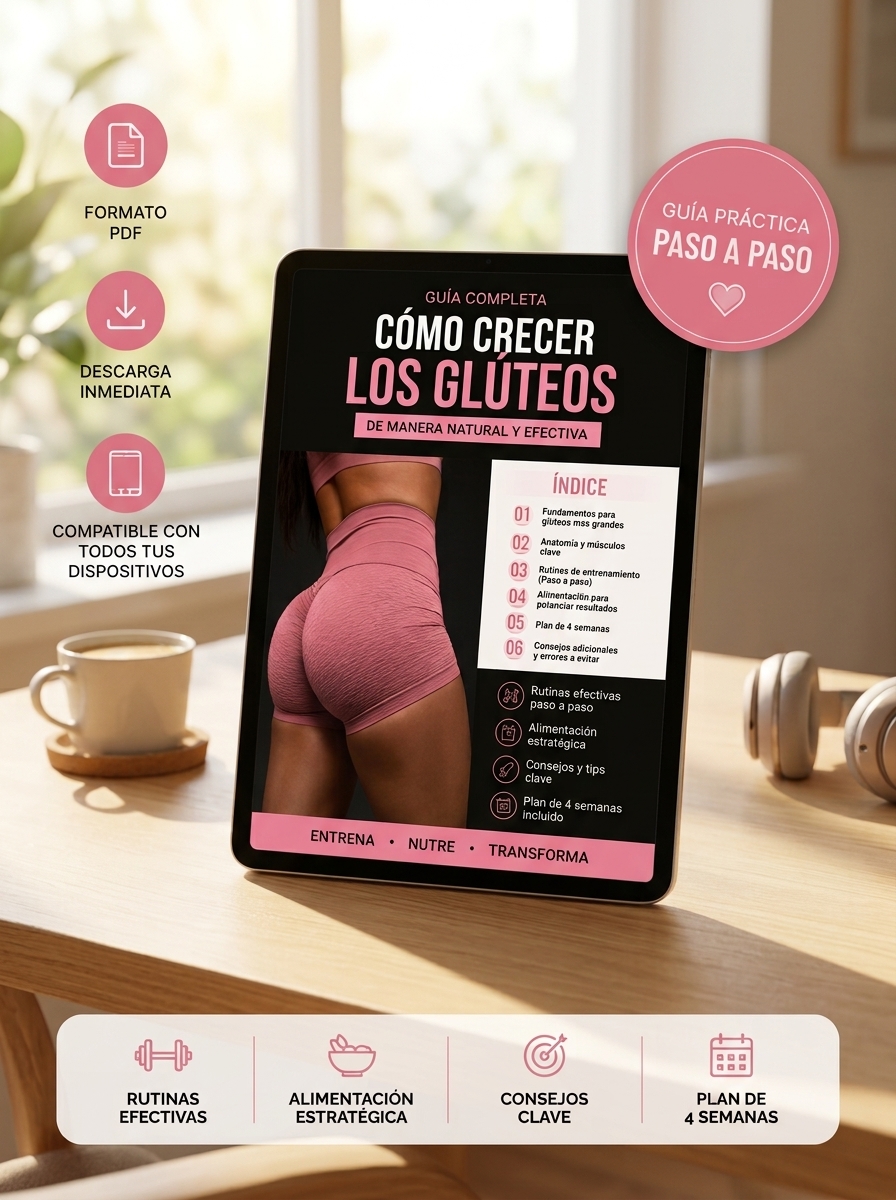 Mockup de la guía Cómo Crecer los Glúteos de Manera Natural y Efectiva, mostrada en una tablet