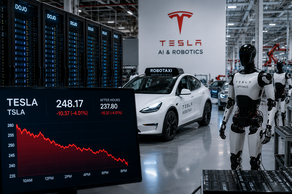 Tesla Shares Fall After Earnings Miss as AI and Robotaxi Spending Clouds Outlook