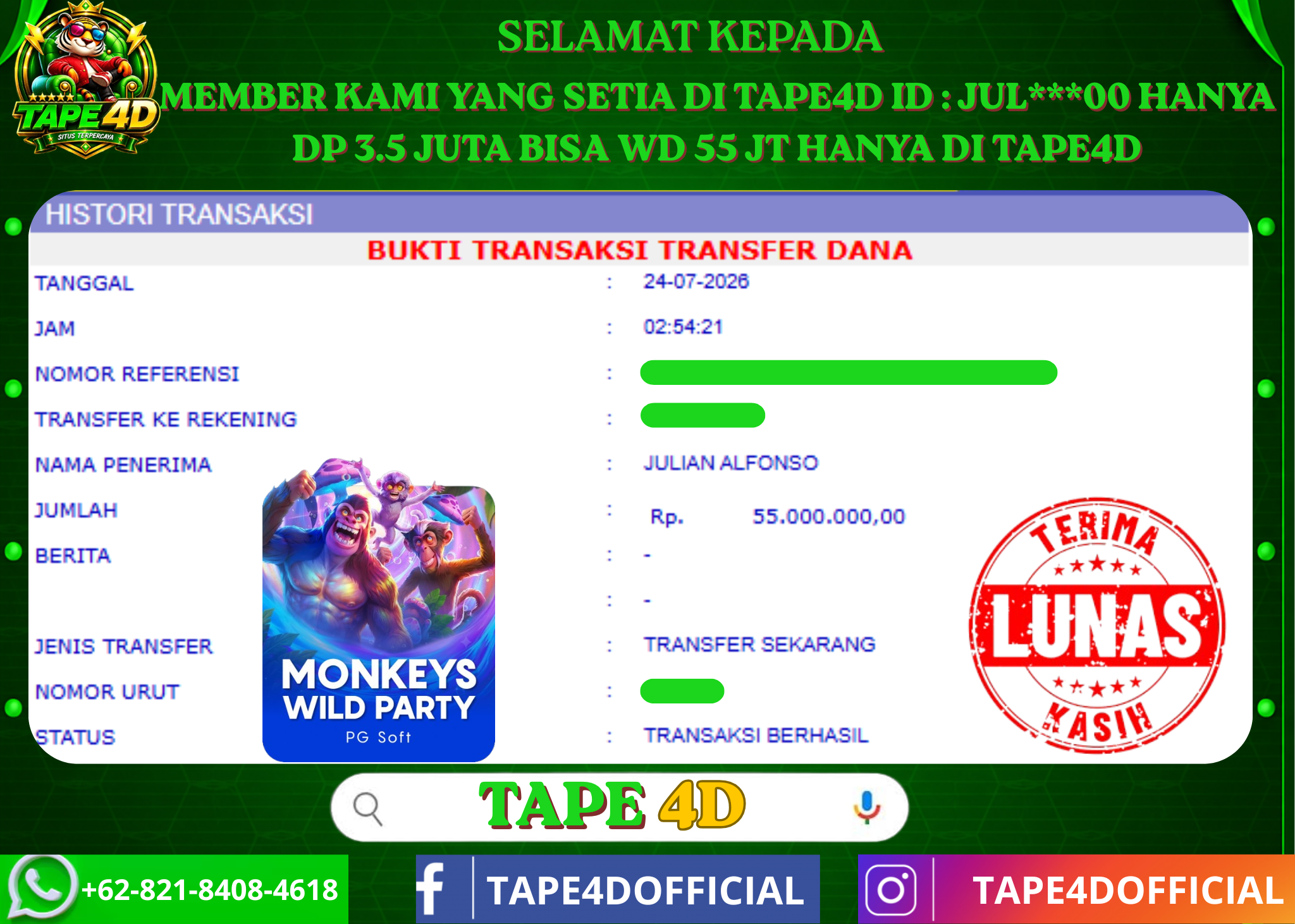 TAPE4D MONKEY WILD PARTY PG SOFT 55.000.000-LUNAS