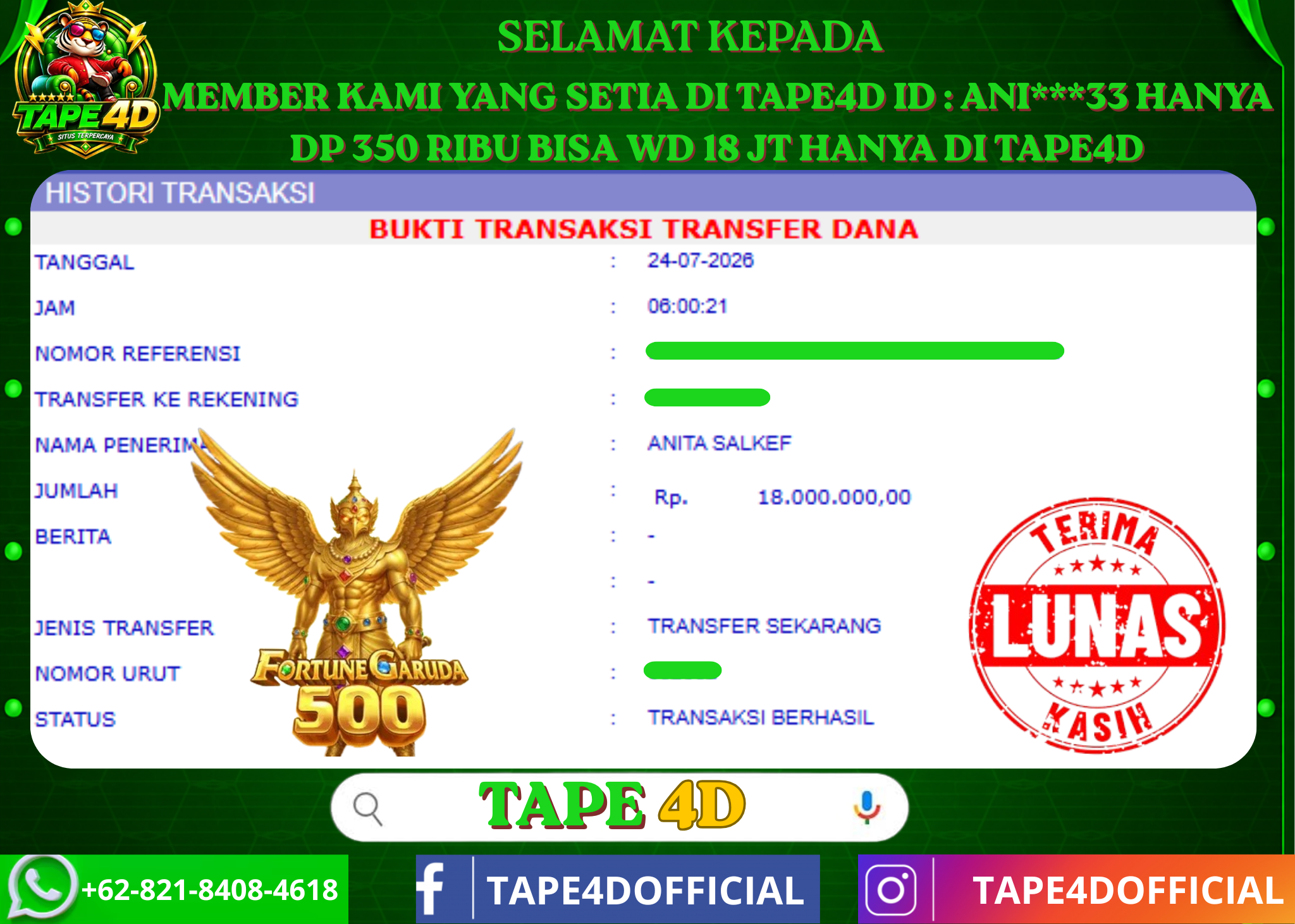 TAPE4D FORTUNE GARUDA 500 PRAMATIC 18.000.000-LUNAS