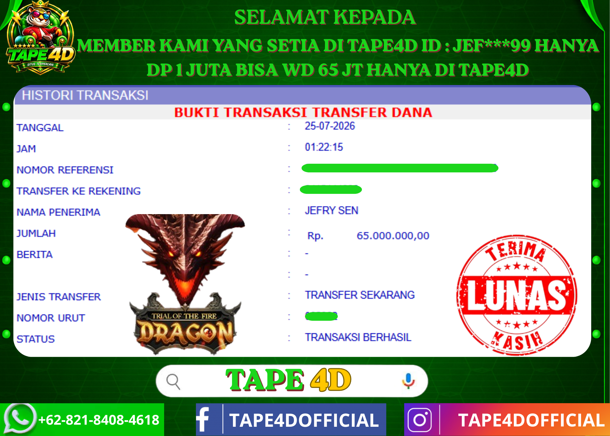 TAPE4D TRIAL OF THE FIRE DRAGON PG SOFT 65.000.000-LUNAS