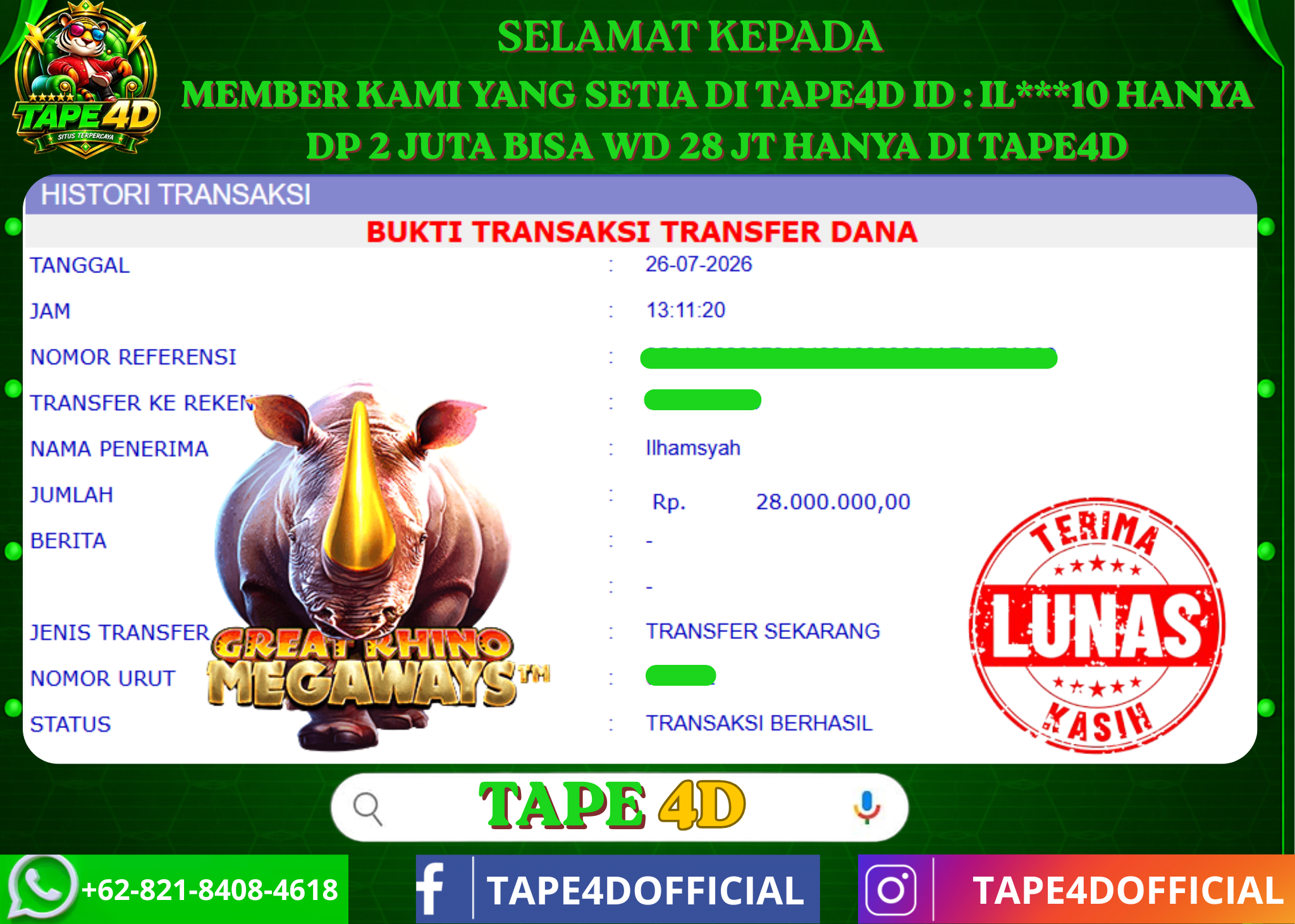 TAPE4D GREAT RHINO MEGAWAYS 28.000.000-LUNAS