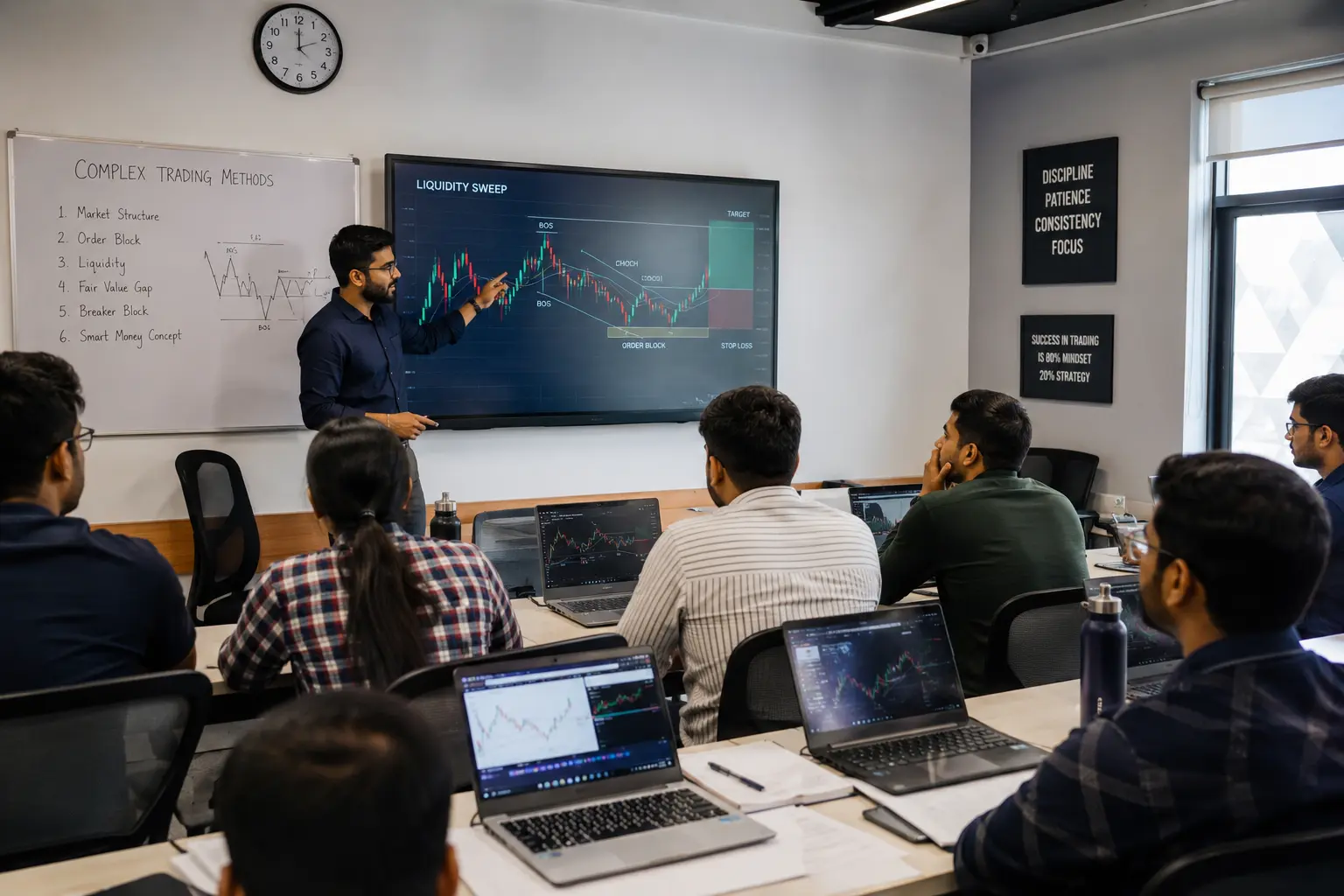K2M Stock Market Institute trading classroom with instructor teaching live chart analysis