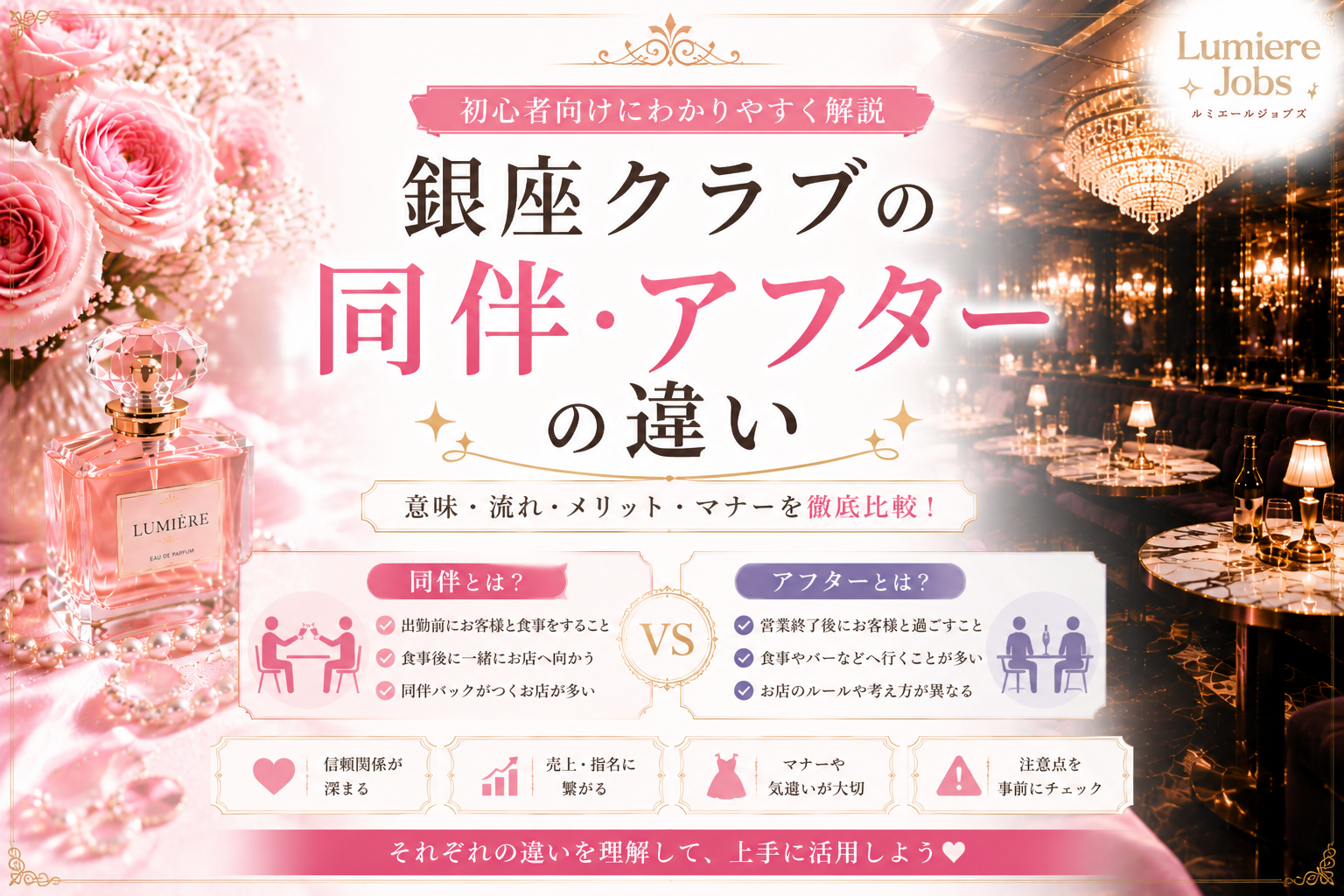 銀座クラブの同伴・アフターの違いとは?意味・流れ・メリットを初心者向けに徹底比較