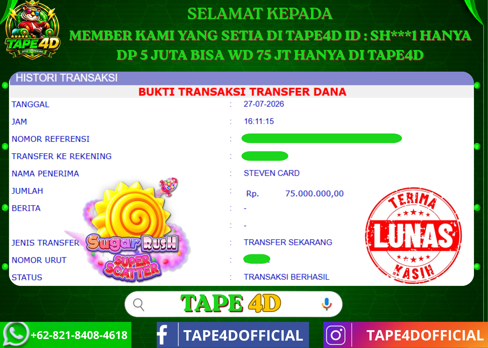 TAPE4D SUGAR RUSH SUPER SCATTER PRAMATIC PLAY 75.000.000-LUNAS