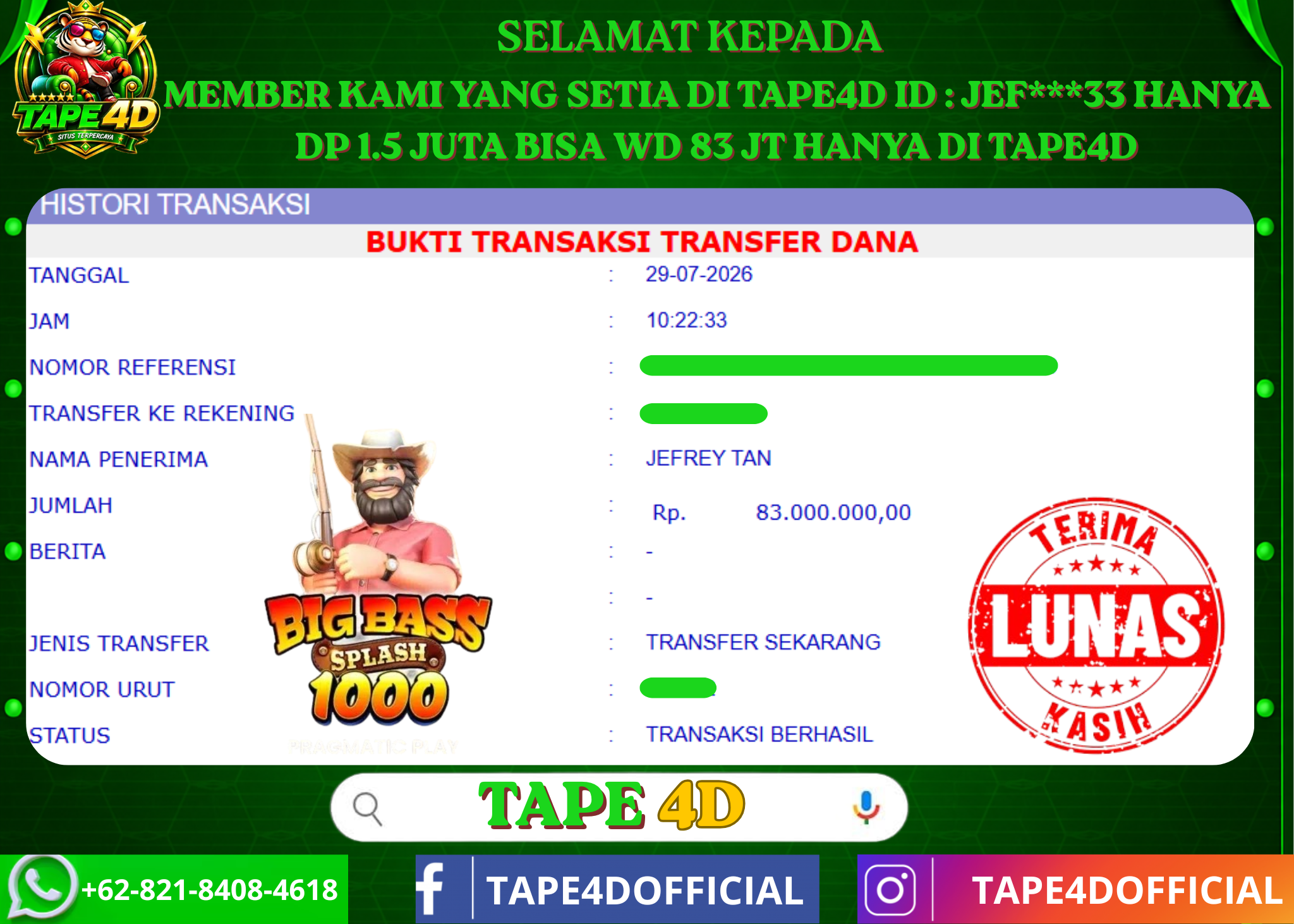 TAPE4D BIG SPLASH1000 PRAMATIC PLAY 83.000.000-LUNAS