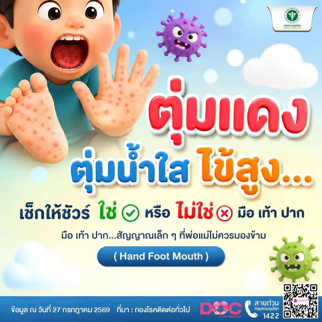 สัญญาณเล็ก ๆ ที่พ่อแม่ไม่ควรมองข้าม! ตุ่มแดง ตุ่มน้ำใส ไข้สูง... เช็กให้ชัวร์! ใช่ หรือ ไม่ใช่ "โรคมือ เท้า ปาก"