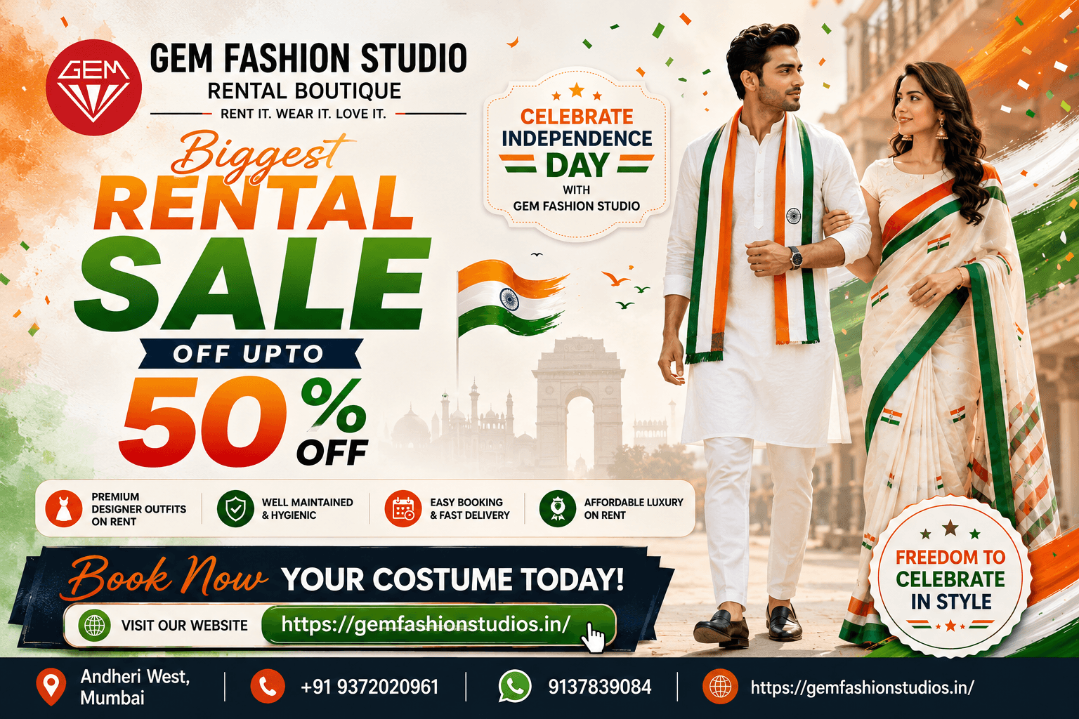 Celebrate Independence Day in Style – Biggest Costume Rental Sale Up to 50% Off | Gem Fashion Studio Mumbai, cover
