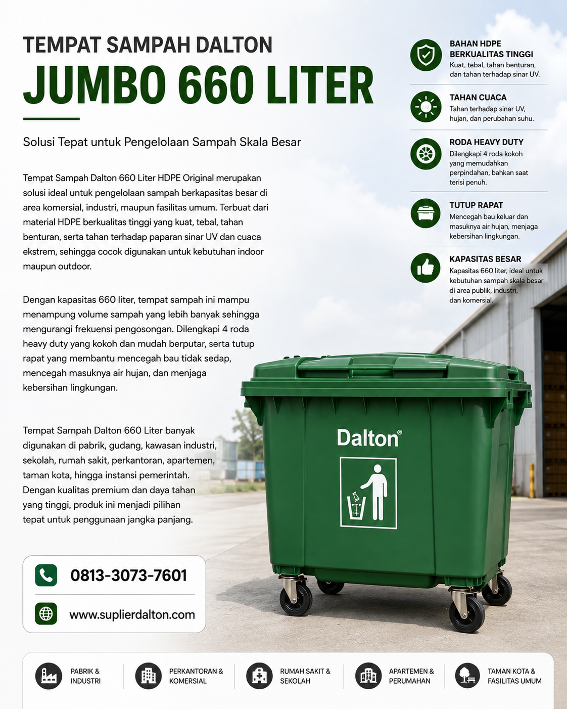 Spesifikasi dan diagram ukuran Tempat Sampah Dalton 660 Liter