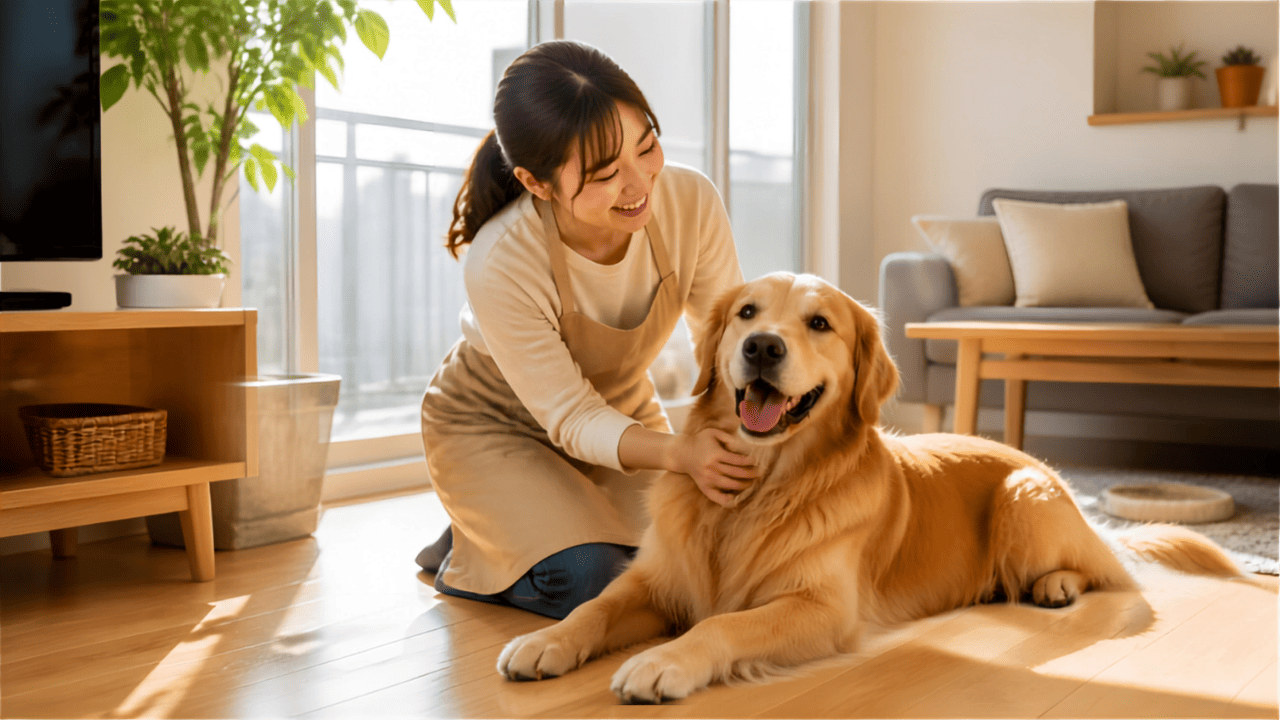 東京の自宅リラックスして過ごす大型犬とペットシッター