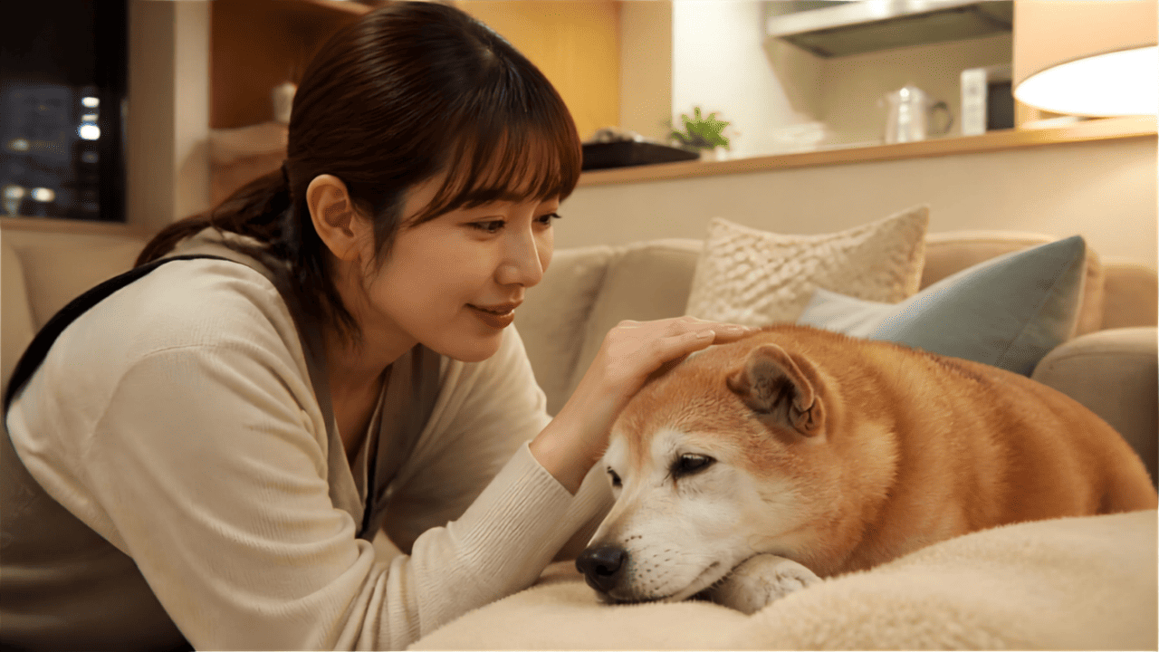 自宅でシニア犬に優しく寄り添うペットシッター