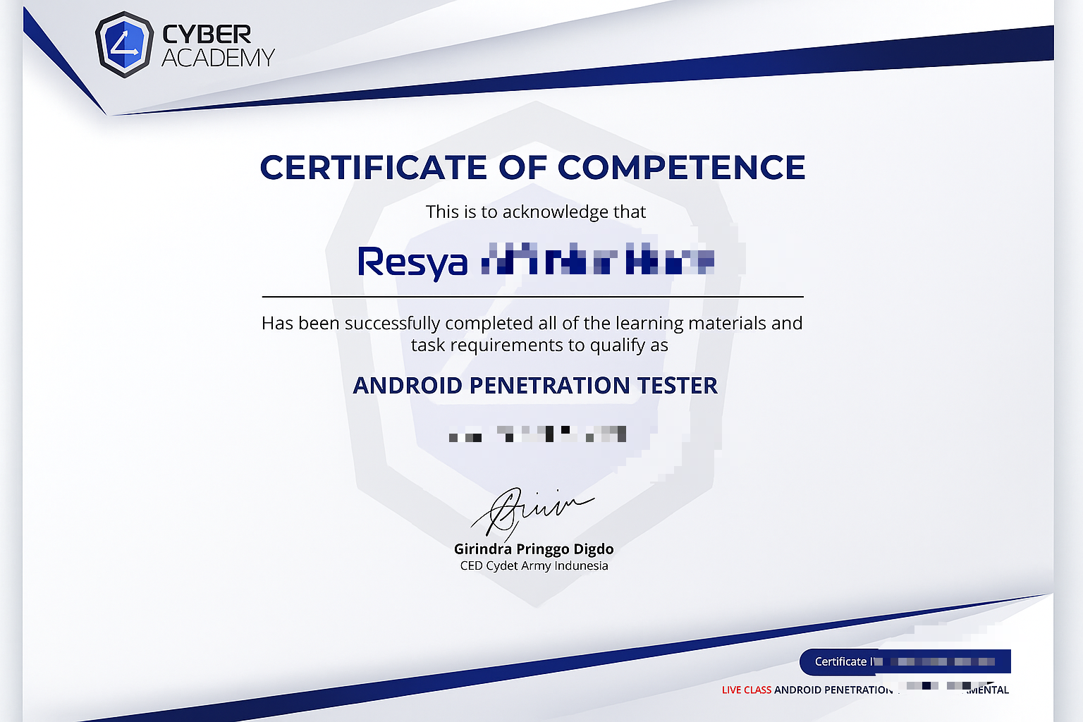 Sertifikat Android Penetration Tester - SYA444 Cyber Security Specialist Yogyakarta