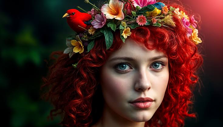 Enchanted Redhead Floral & Songbird Portrait