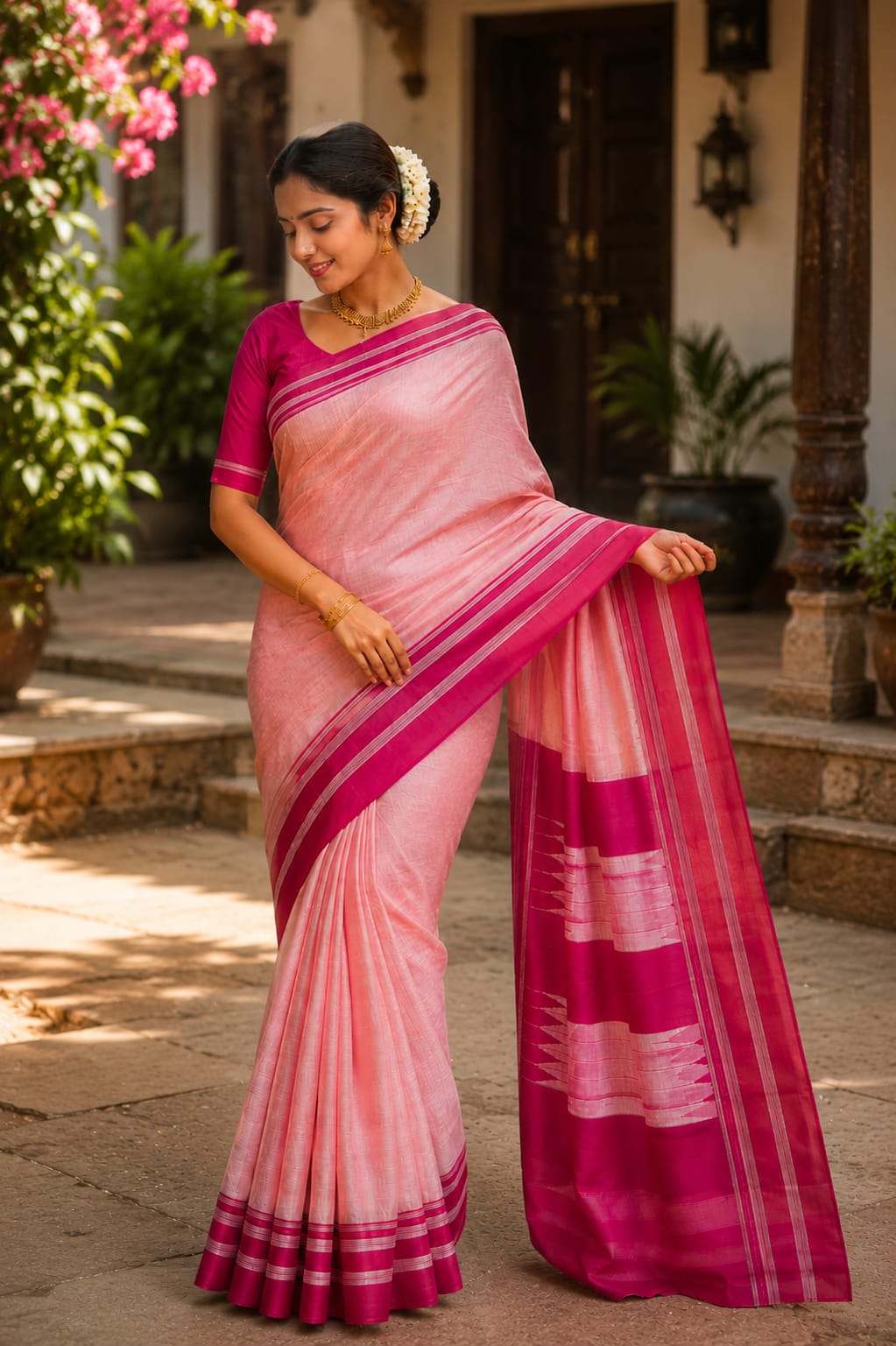 Traditional Pink Gayatri Handloom Ilkal Saree