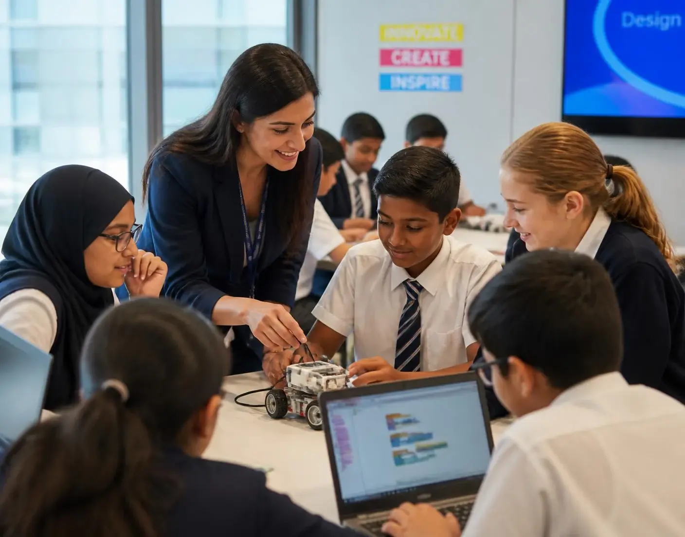 Teacher and students working on robotics project