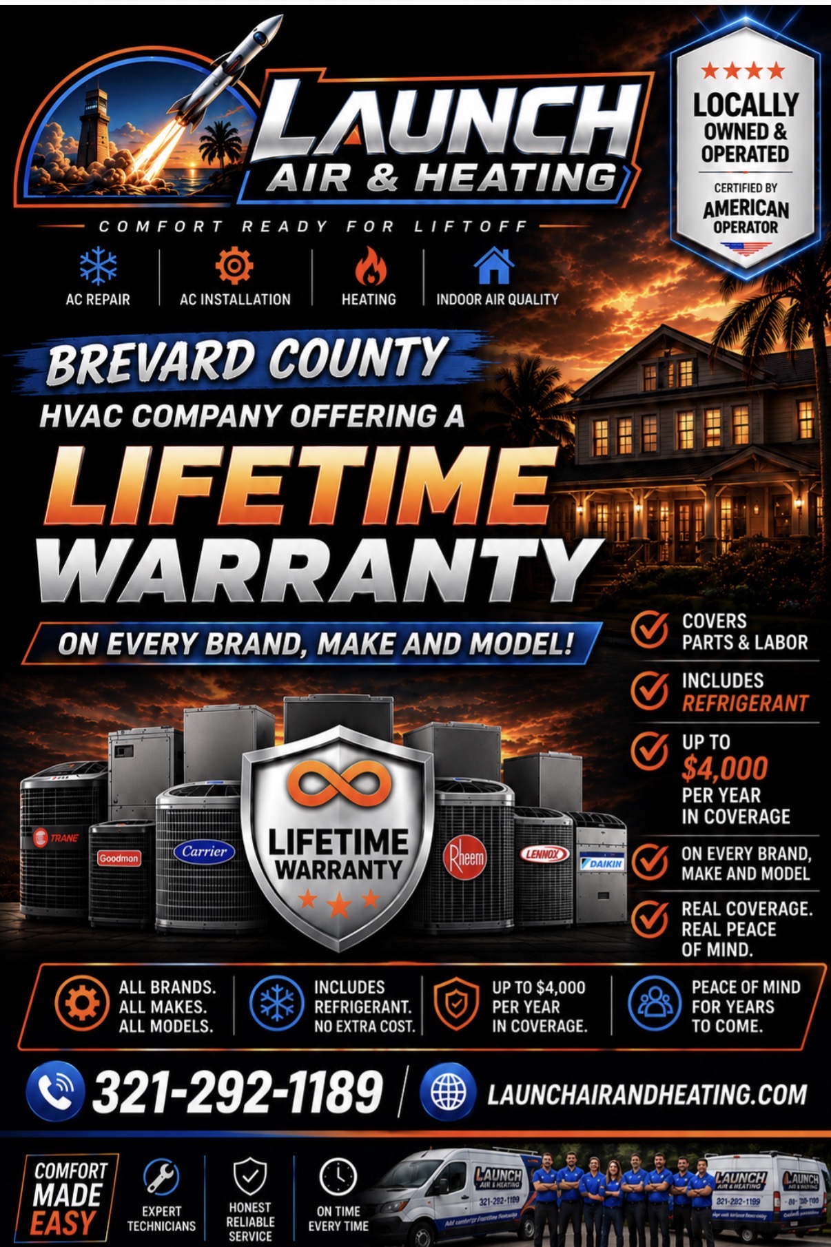 Launch Air & Heating offering Florida homeowners a Lifetime Warranty on qualifying HVAC systems in Brevard County and the Space Coast.