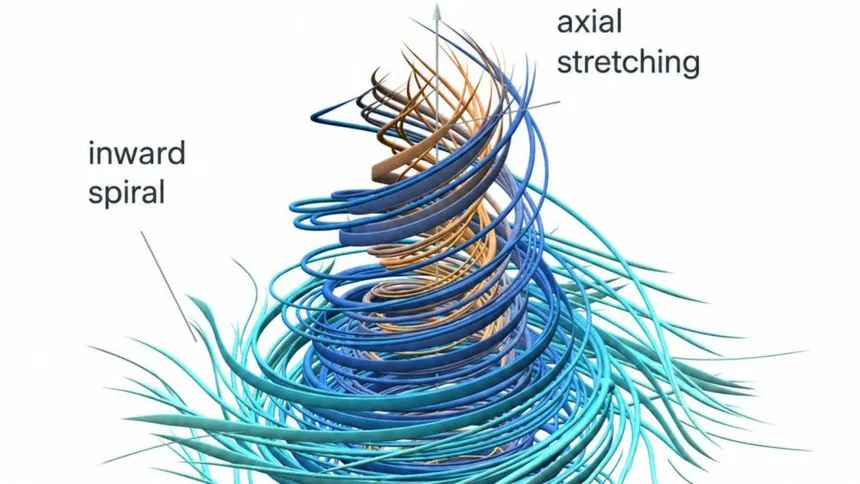 Navier-Stokes equations visualized — inward spiral and axial stretching