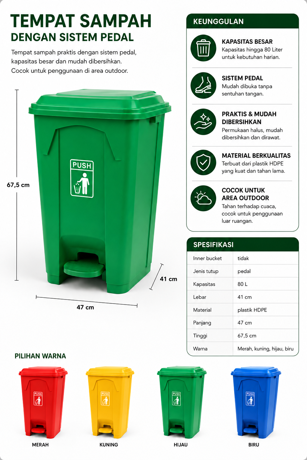 Tempat Sampah Dalton Injak 80 Liter Hijau Plastik HDPE