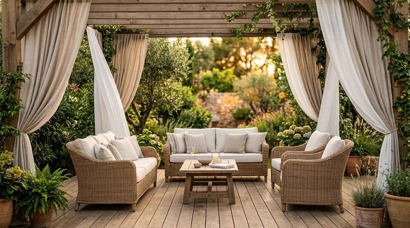 Elegant outdoor patio with wicker seating, lush garden, wooden pergola, and flowing outdoor curtains
