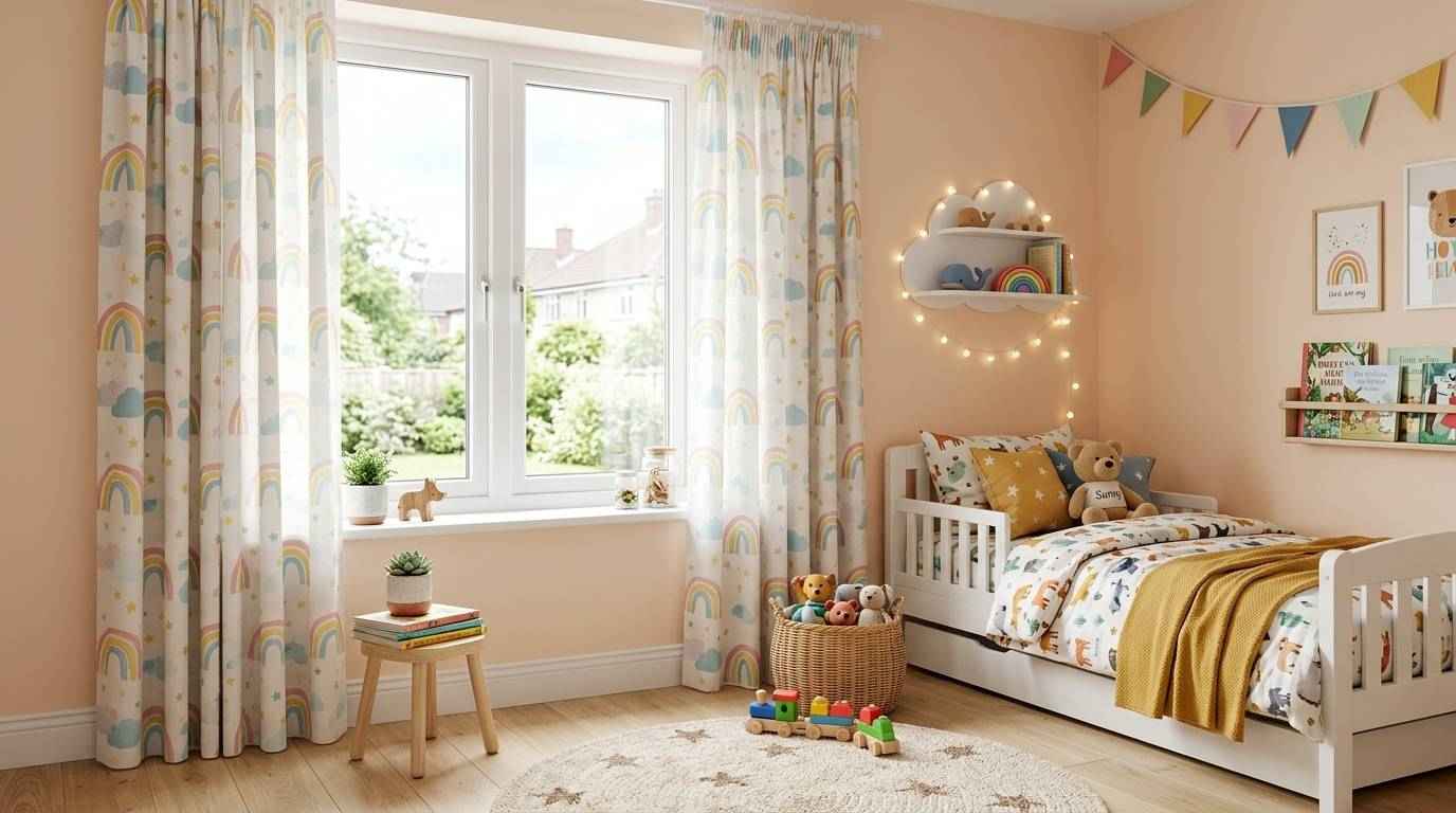 Bright kids' room with rainbow-patterned kids room curtains, white bed, toys, and colorful decor