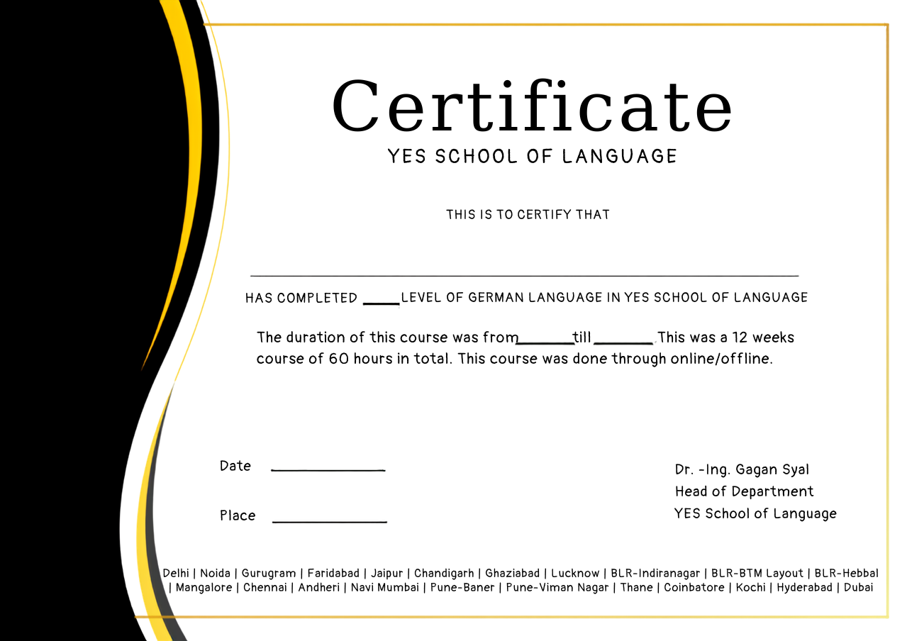 YES School of Language German language course completion certificate