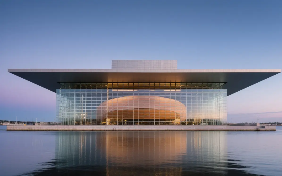 Copenhagen Opera House at golden hour with harbor reflections, modern glass architecture facing Amalienborg Palace across blue water