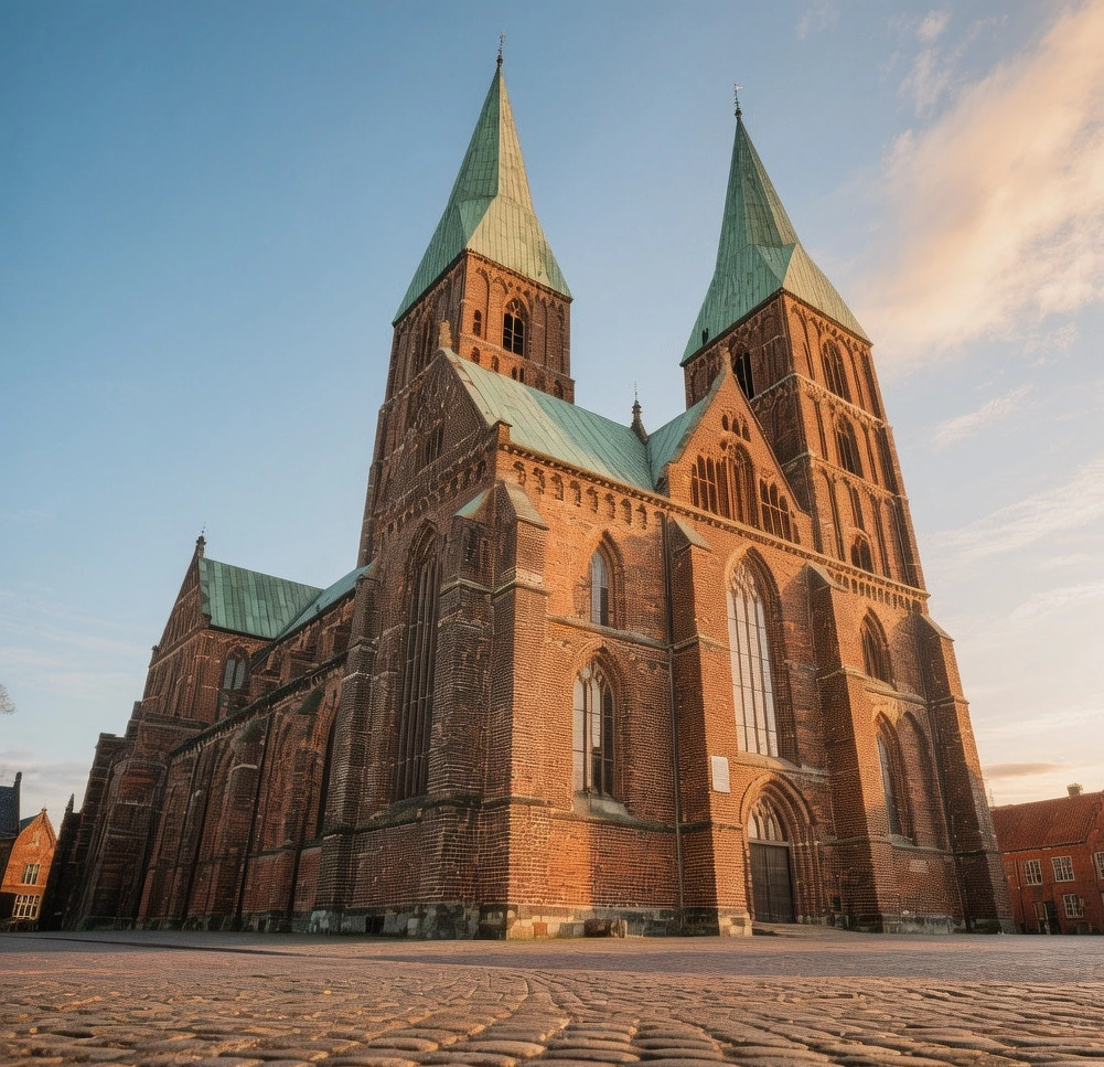 Roskilde Cathedral twin brick Gothic spires at golden hour with historic cemetery and Roskilde Fjord waters in Denmark