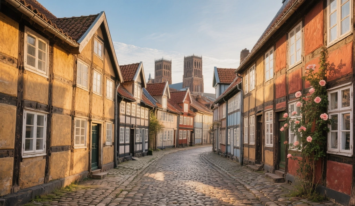 Ribe Denmark medieval cobblestone streets with half-timbered houses and cathedral spire at golden hour in oldest town