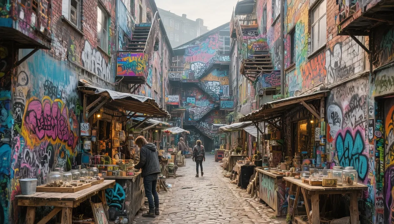Freetown Christiania colorful handmade houses and street art along cobblestone paths in Copenhagen's alternative community during golden afternoon light