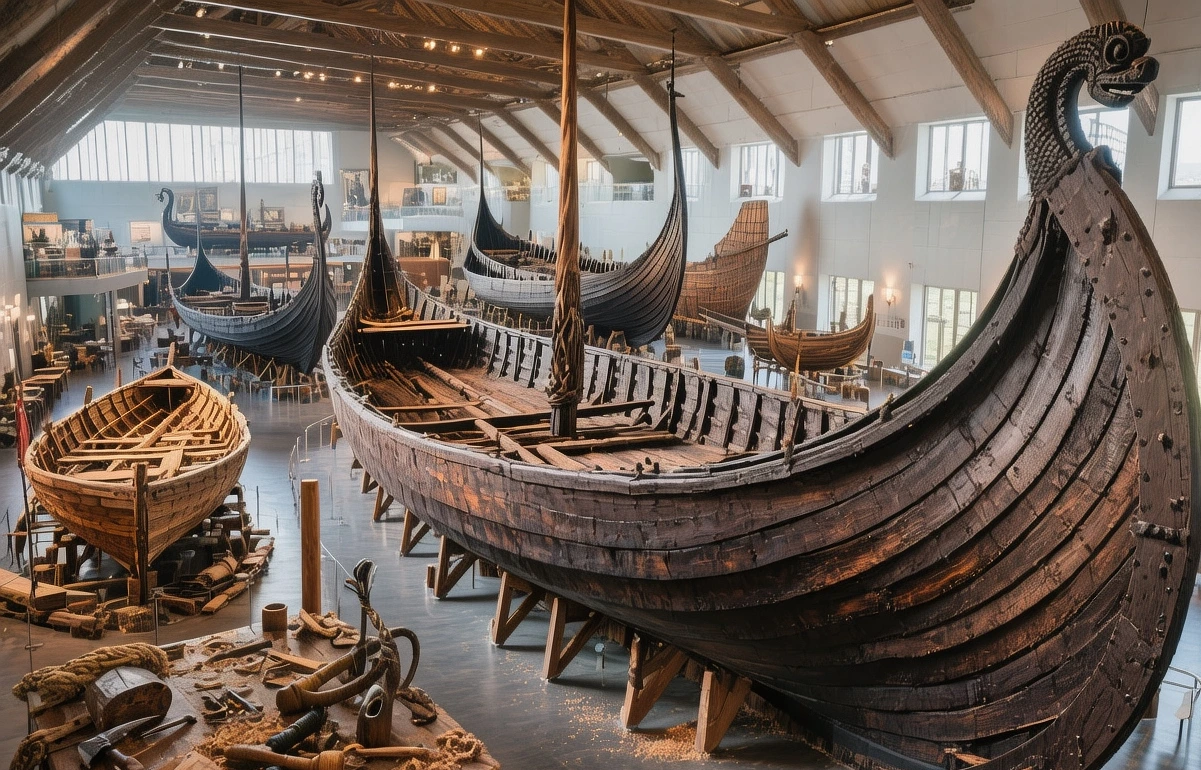 Viking Ship Museum Roskilde with reconstructed longships on Roskilde Fjord waters at golden hour under dramatic Nordic sky