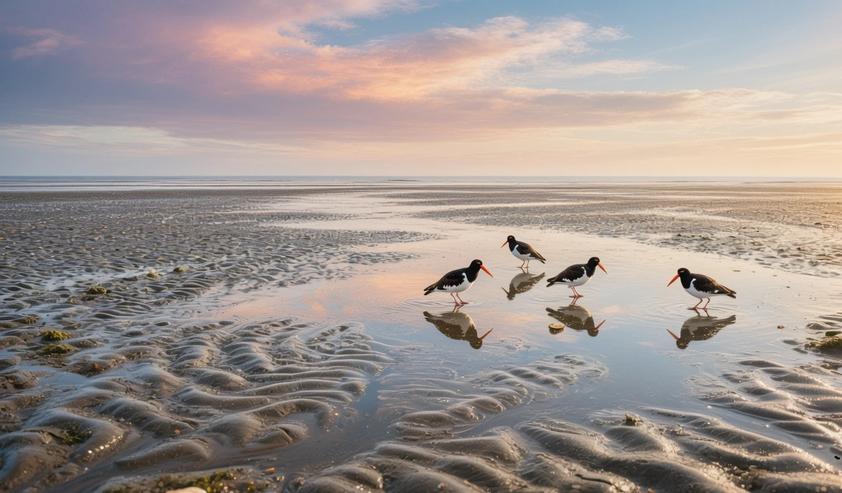 Wadden Sea tidal flats at golden hour with migratory birds flying over exposed mudflats and distant horizon in Denmark