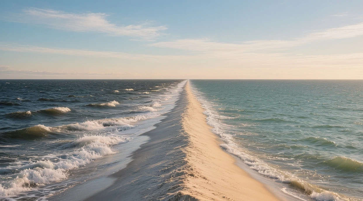 Grenen sand spit where Skagerrak and Kattegat seas collide with visible wave boundary and yellow lighthouse at golden hour in Denmark
