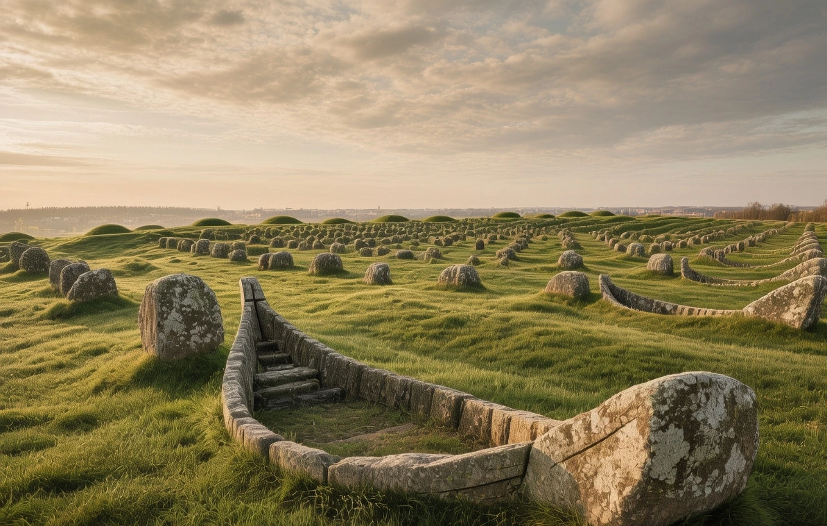 Lindholm Høje Viking burial site with ancient stone ships and burial mounds overlooking Limfjord at golden hour in Denmark