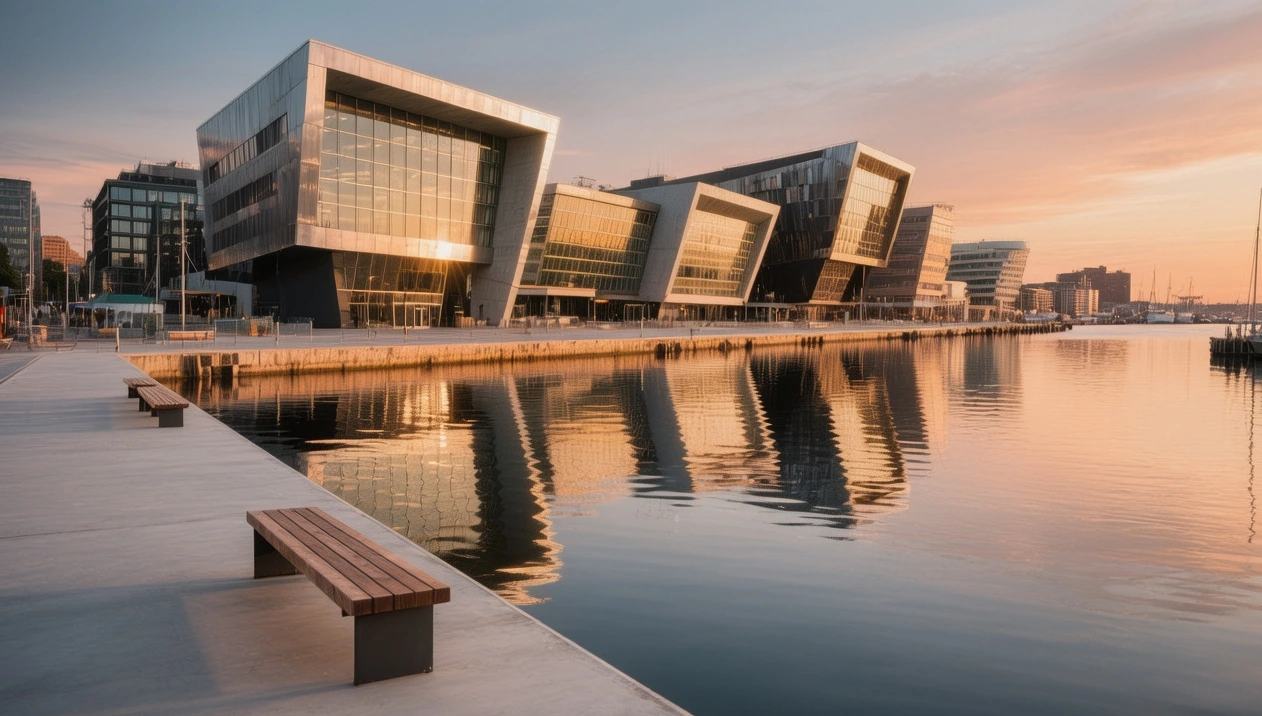 Aalborg waterfront modern architecture and harbor promenade at golden hour with Limfjord waters reflecting Danish skyline