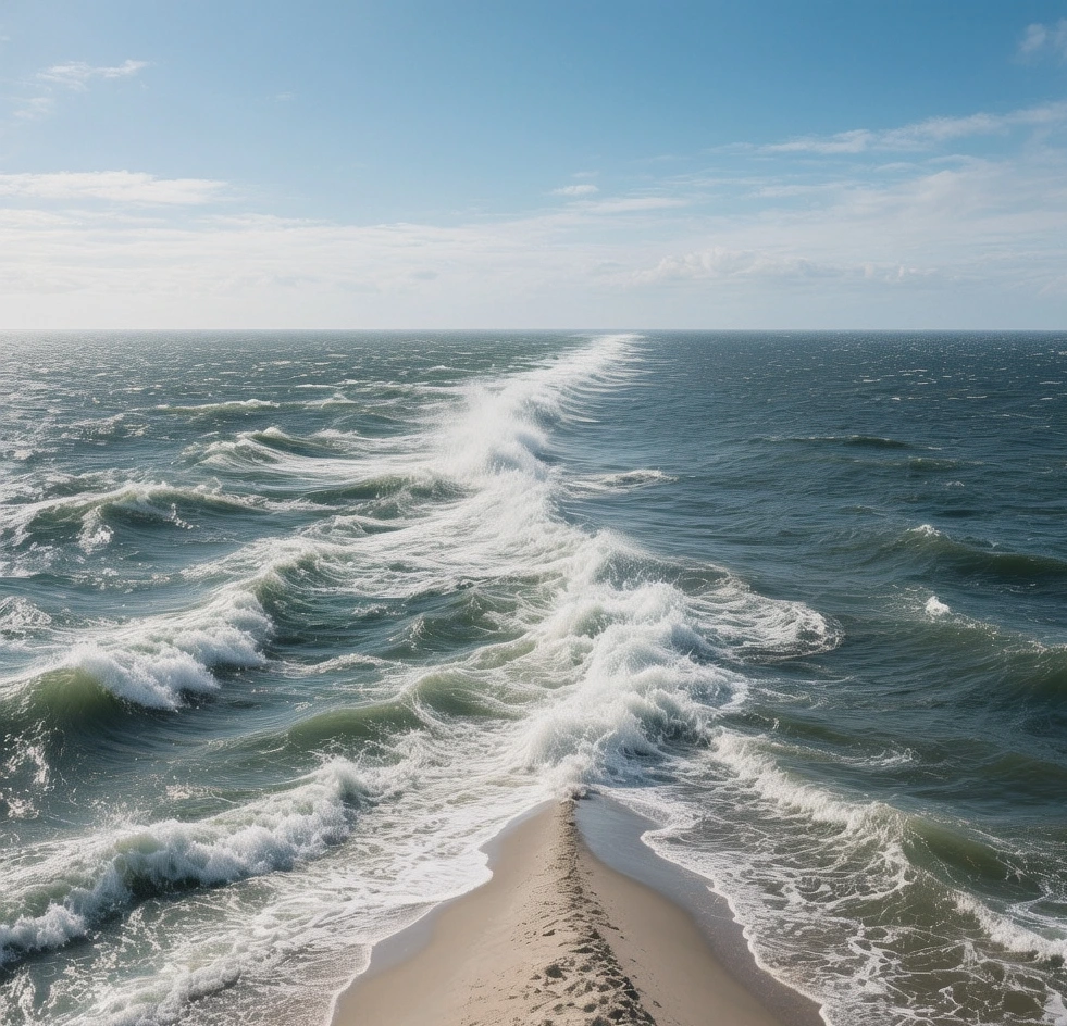 Skagen Grenen sandbar where Skagerrak and Kattegat seas meet with visible wave collision and yellow lighthouse at golden hour in Denmark