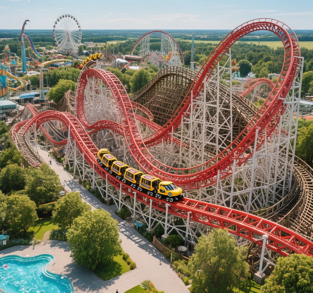 Djurs Sommerland amusement park roller coasters and colorful attractions at golden hour in Djursland Denmark