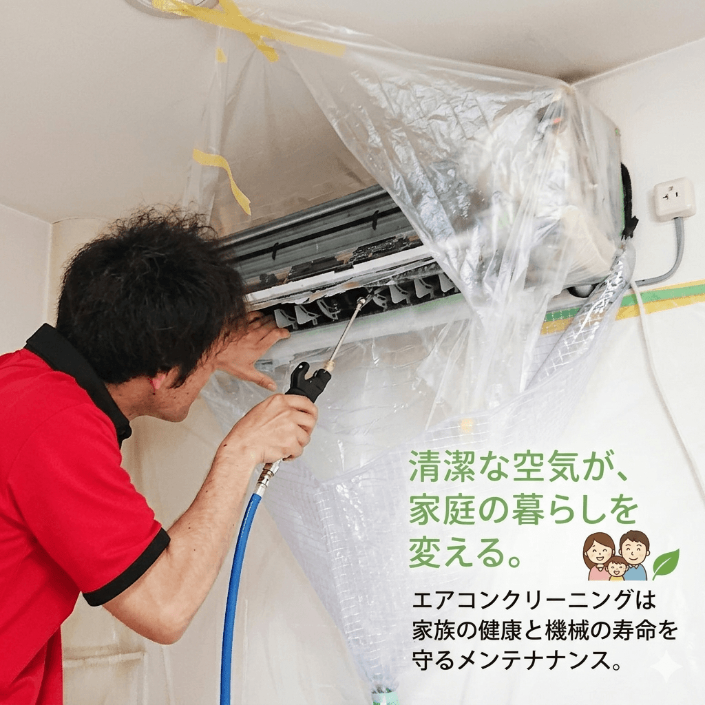 エアコンクリーニング 養生・高圧洗浄の様子｜快適プロデュース