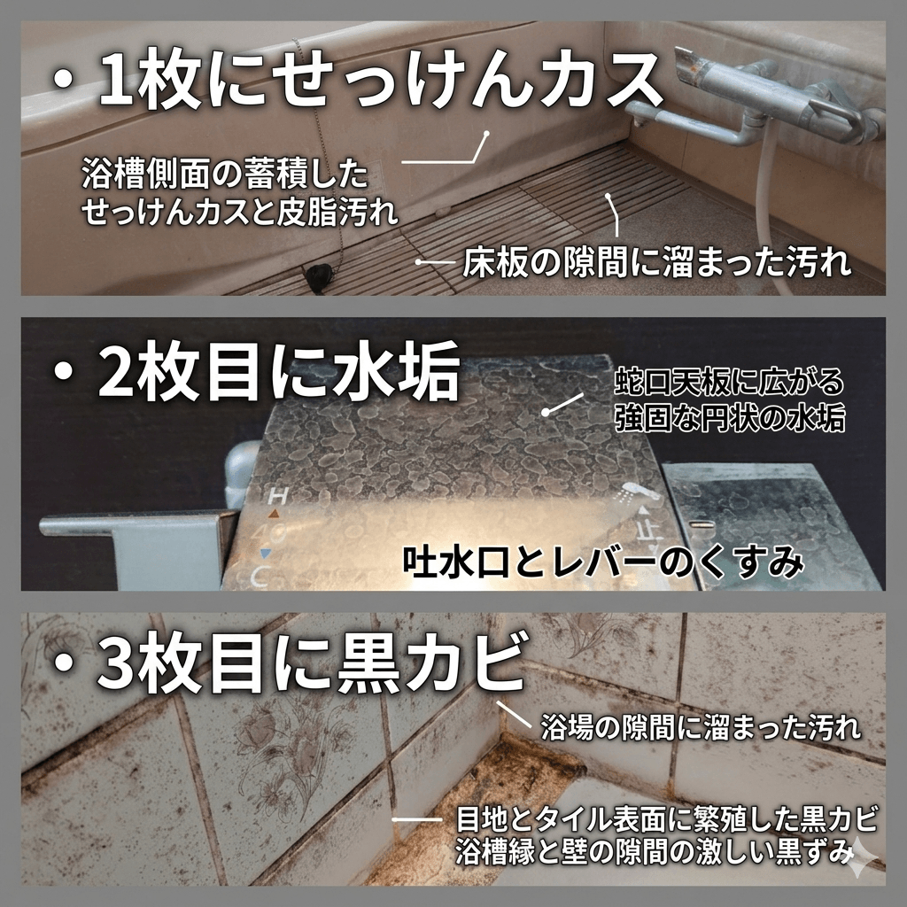 浴室タイル目地の黒カビと壁面の汚れ 種類別説明