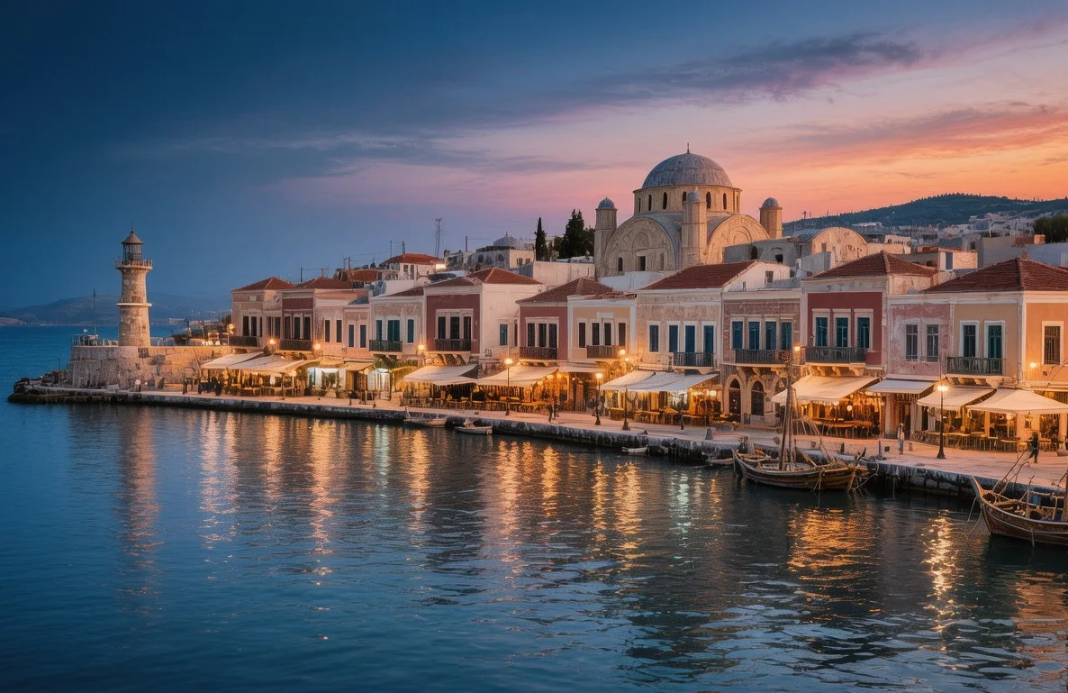 Chania Venetian harbor with colorful buildings and lighthouse reflecting in calm waters at golden hour, Crete, Greece