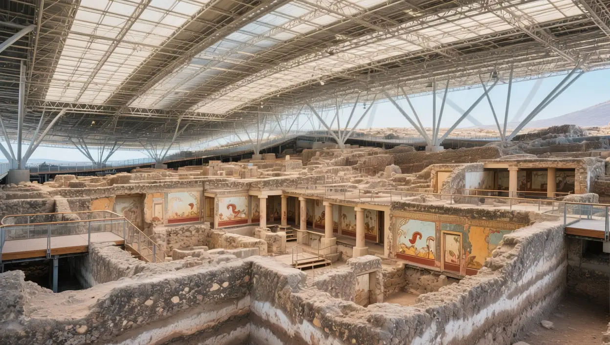 Akrotiri archaeological site with preserved Bronze Age frescoes and volcanic ash layers under protective modern canopy, Santorini, Greece