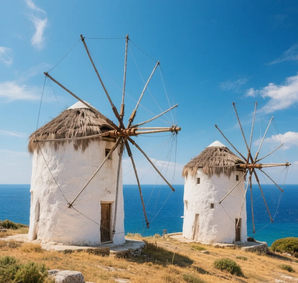 Mykonos windmills at golden hour with white cylindrical towers and thatched roofs silhouetted against pink and orange Aegean sky