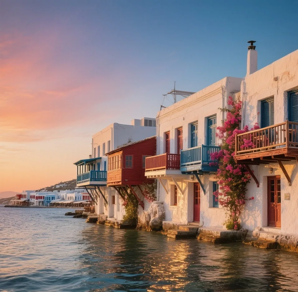 Little Venice Mykonos waterfront with colorful balconies overlooking Aegean Sea at golden hour, Greece