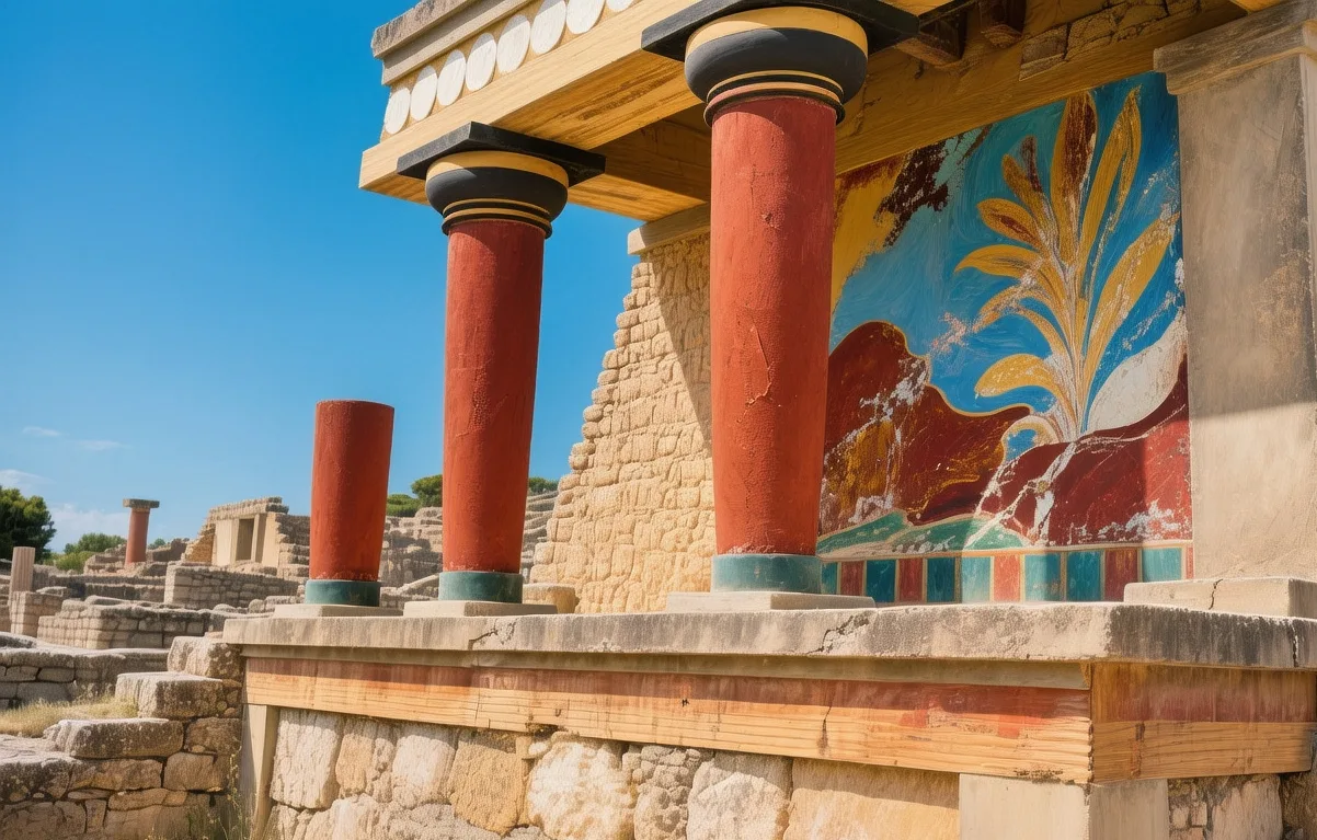 Knossos Palace ruins with reconstructed Minoan columns and vibrant frescoes under bright Cretan sun, Heraklion, Greece