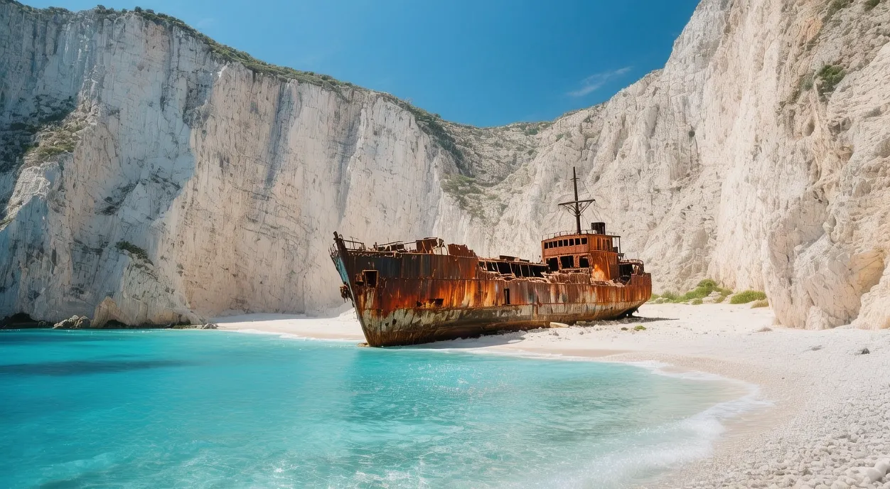 Midday sunlight revealing the rusted shipwreck on Navagio Beach beneath towering white limestone cliffs in Zakynthos.